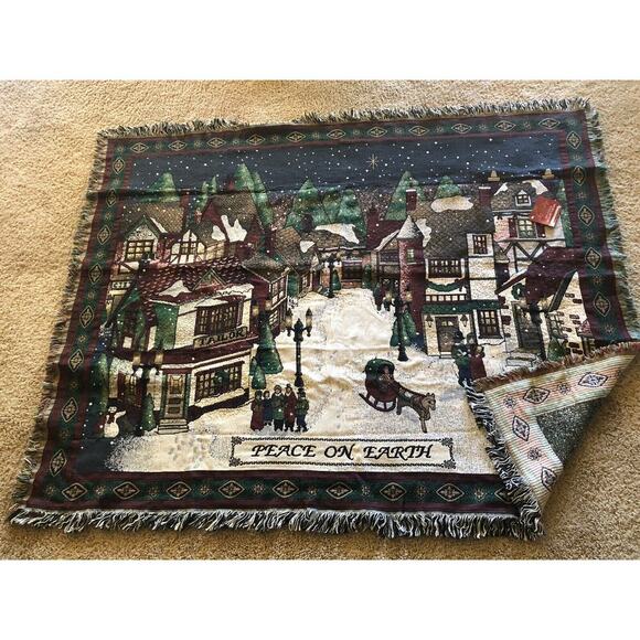 Peace On Earth Christmas Tapestry Throw Blanket NEW Victorian Village Cotton 74" - Picture 9 of 12
